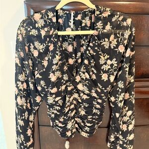 Free People Black Floral Ruched V-Neck Long Sleeve Top